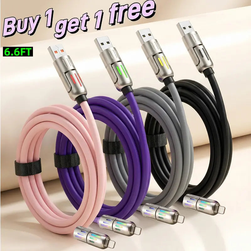 [Buy 1 Get 1 Free]-6.6Ft 4-In-1 USB-C Cable, PD Fast Charging, Data Sync, EXAVON USB-A, Type-C, Lightning, Aluminum, Compatible